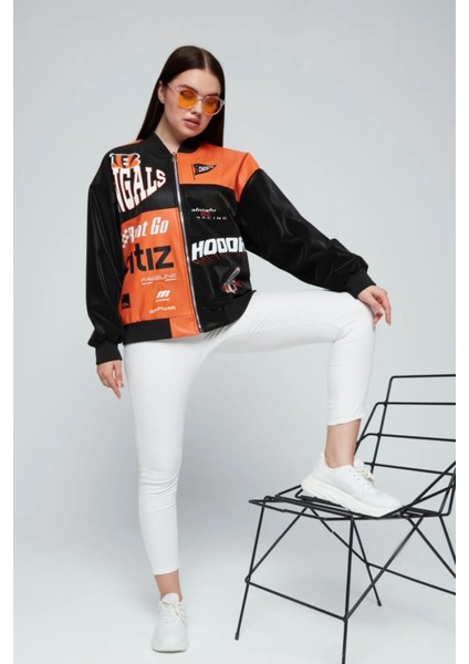 Kadın Oversize Baskılı Deri Motorcu Montu Fermuarlı Yarışçı Ceket Astarlı Bomber Kolej Mont fiyatları