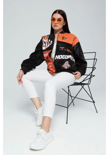 Kadın Oversize Baskılı Deri Motorcu Montu Fermuarlı Yarışçı Ceket Astarlı Bomber Kolej Mont modelleri