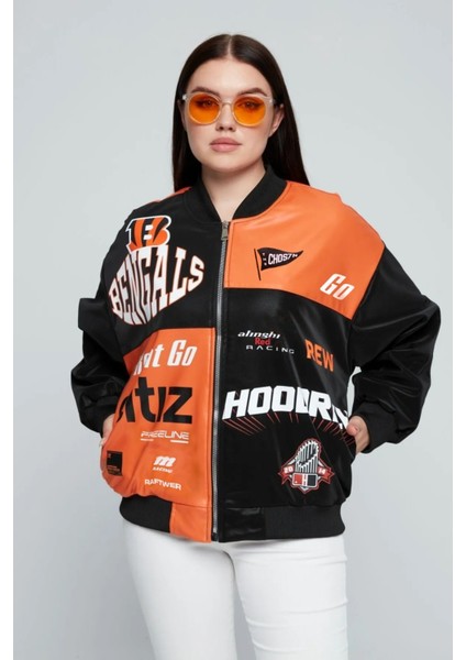 Kadın Oversize Baskılı Deri Motorcu Montu Fermuarlı Yarışçı Ceket Astarlı Bomber Kolej Mont fırsatları