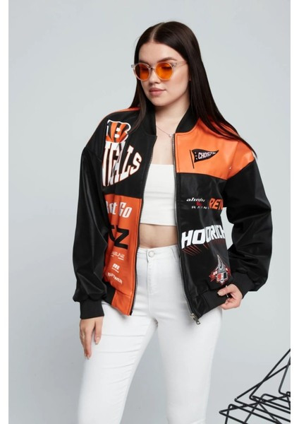 Kadın Oversize Baskılı Deri Motorcu Montu Fermuarlı Yarışçı Ceket Astarlı Bomber Kolej Mont indirimleri