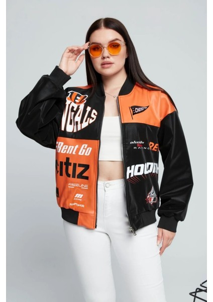 Kadın Oversize Baskılı Deri Motorcu Montu Fermuarlı Yarışçı Ceket Astarlı Bomber Kolej Mont