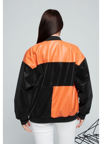 Kadın Oversize Baskılı Deri Motorcu Montu Fermuarlı Yarışçı Ceket Astarlı Bomber Kolej Mont