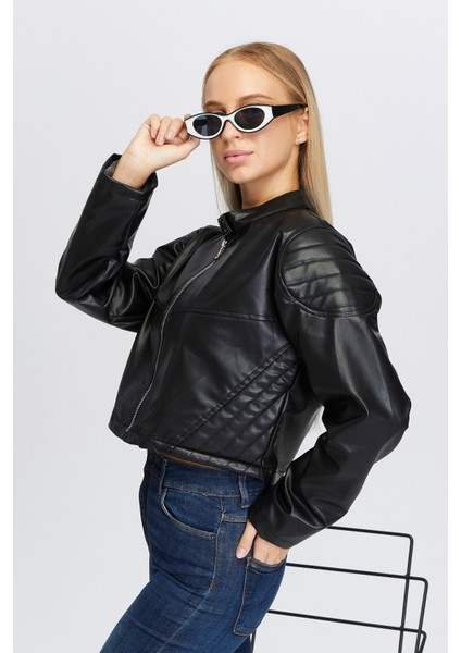 Kadın Oversize Fermuarlı Yaka Çıt Çıtlı Omuz ve Etek Dolgu Desenli Kolej Yarışçı Ceket Motorcu Mont