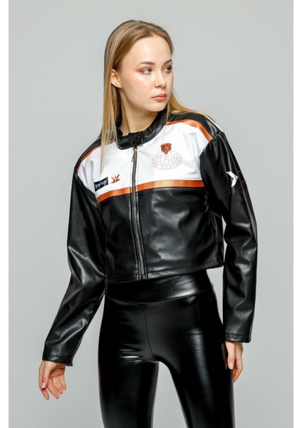Kadın Oversize Baskılı Deri Şeritli Motorcu Montu Kısa Fermuarlı Yarışçı Ceketi Bomber Kolej Mont