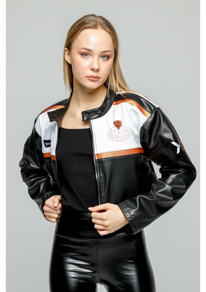Kadın Oversize Baskılı Deri Şeritli Motorcu Montu Kısa Fermuarlı Yarışçı Ceketi Bomber Kolej Mont modelleri
