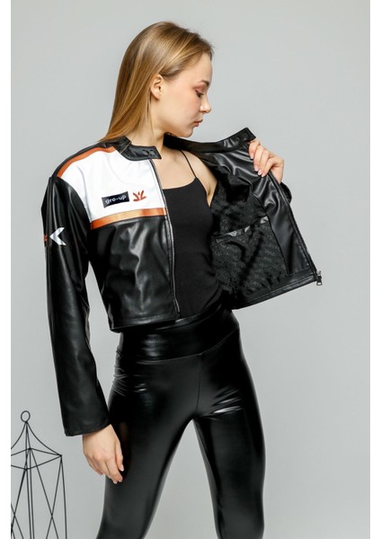 Kadın Oversize Baskılı Deri Şeritli Motorcu Montu Kısa Fermuarlı Yarışçı Ceketi Bomber Kolej Mont fırsatları