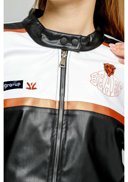 Kadın Oversize Baskılı Deri Şeritli Motorcu Montu Kısa Fermuarlı Yarışçı Ceketi Bomber Kolej Mont indirimleri