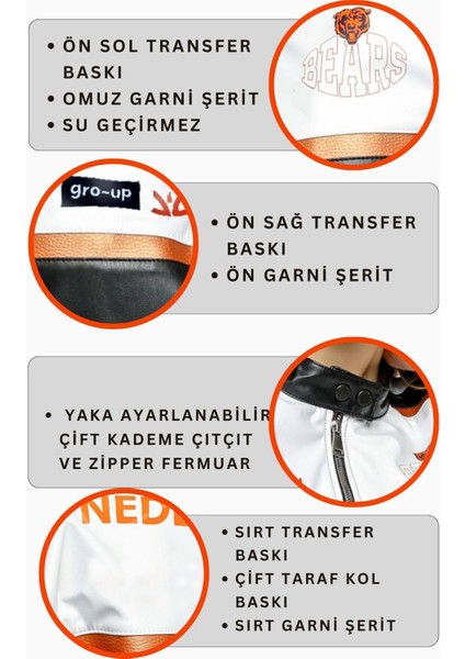 Kadın Oversize Baskılı Deri Şeritli Motorcu Montu Kısa Fermuarlı Yarışçı Ceketi Bomber Kolej Mont