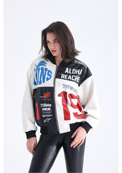 Kadın Oversize Baskılı Deri Motorcu Montu Fermuarlı Yarışçı Ceket Astarlı Bomber Kolej Mont