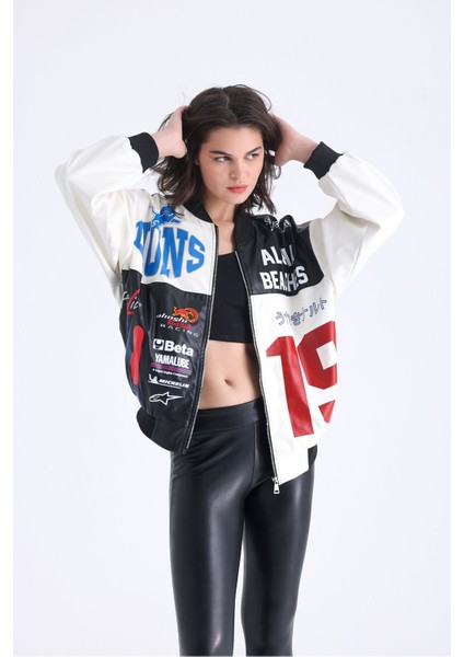 Kadın Oversize Baskılı Deri Motorcu Montu Fermuarlı Yarışçı Ceket Astarlı Bomber Kolej Mont fırsatları