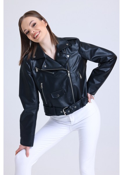 Kadın Düğme Detaylı Fermuarlı Kemerli Komple Deri Astarlı Siyah Deri Mont fiyatları