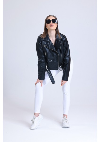 Kadın Düğme Detaylı Fermuarlı Kemerli Komple Deri Astarlı Siyah Deri Mont modelleri