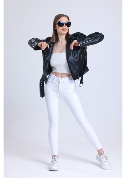 Kadın Düğme Detaylı Fermuarlı Kemerli Komple Deri Astarlı Siyah Deri Mont fırsatları