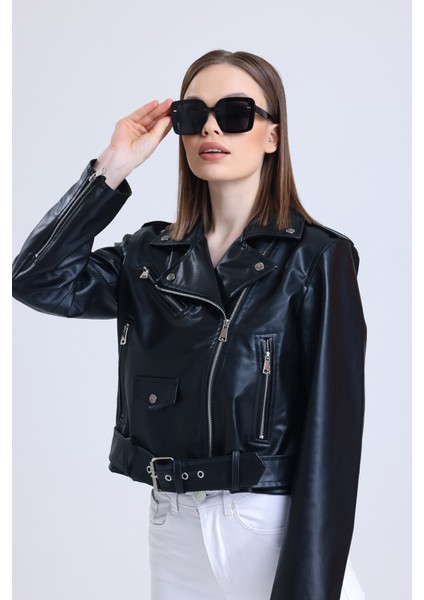 Kadın Düğme Detaylı Fermuarlı Kemerli Komple Deri Astarlı Siyah Deri Mont indirimleri