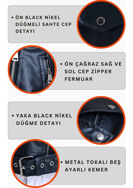 Kadın Düğme Detaylı Fermuarlı Kemerli Komple Deri Astarlı Siyah Deri Mont