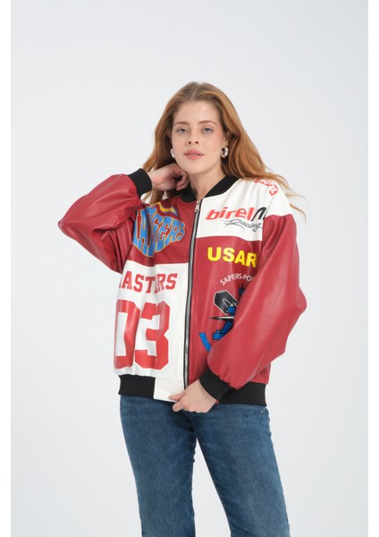 Kadın Oversize Baskılı Deri Motorcu Montu Fermuarlı Yarışçı Ceket Astarlı Bomber Kolej Mont fiyatları