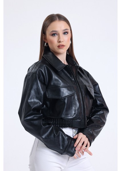 Kadın Deri Oversize Astarlı Kol Çıt Çıt Düğmeli Deri Mont Fermuar Kapamalı Kolej Mont Siyah