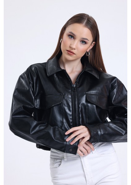 Kadın Deri Oversize Astarlı Kol Çıt Çıt Düğmeli Deri Mont Fermuar Kapamalı Kolej Mont Siyah fiyatları