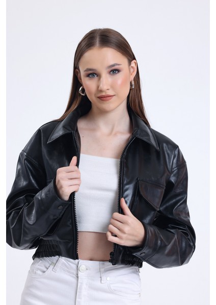 Kadın Deri Oversize Astarlı Kol Çıt Çıt Düğmeli Deri Mont Fermuar Kapamalı Kolej Mont Siyah modelleri