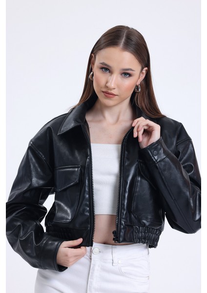 Kadın Deri Oversize Astarlı Kol Çıt Çıt Düğmeli Deri Mont Fermuar Kapamalı Kolej Mont Siyah fırsatları