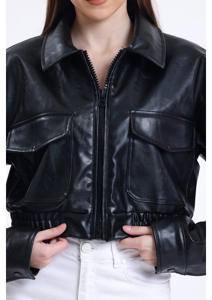 Kadın Deri Oversize Astarlı Kol Çıt Çıt Düğmeli Deri Mont Fermuar Kapamalı Kolej Mont Siyah indirimleri