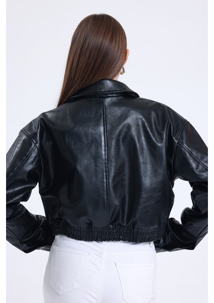 Kadın Deri Oversize Astarlı Kol Çıt Çıt Düğmeli Deri Mont Fermuar Kapamalı Kolej Mont Siyah