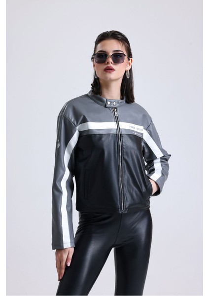 Kadın Oversize Baskılı Motorcu Ceketi Fermuarlı Kolej Mont Bomber Deri Yarışçı Montu Gri modelleri