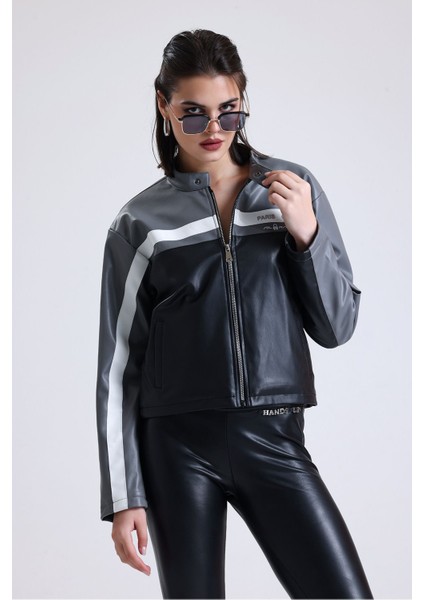 Kadın Oversize Baskılı Motorcu Ceketi Fermuarlı Kolej Mont Bomber Deri Yarışçı Montu Gri indirimleri
