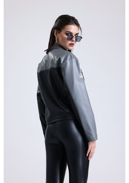 Kadın Oversize Baskılı Motorcu Ceketi Fermuarlı Kolej Mont Bomber Deri Yarışçı Montu Gri