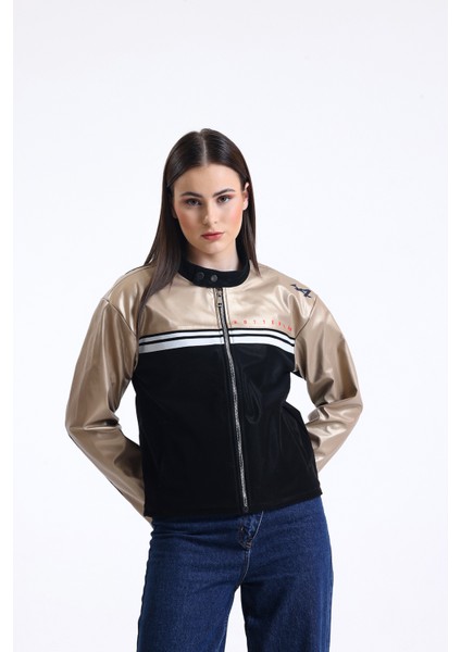 Kadın Şeritli Baskılı Fermuarlı Deri Mont Yarışçı Kolej Mont Yaka Çıtçıtlı Motorcu Montu Bomber