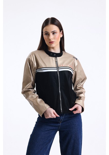 Kadın Şeritli Baskılı Fermuarlı Deri Mont Yarışçı Kolej Mont Yaka Çıtçıtlı Motorcu Montu Bomber fiyatları
