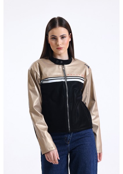 Kadın Şeritli Baskılı Fermuarlı Deri Mont Yarışçı Kolej Mont Yaka Çıtçıtlı Motorcu Montu Bomber modelleri
