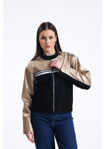 Kadın Şeritli Baskılı Fermuarlı Deri Mont Yarışçı Kolej Mont Yaka Çıtçıtlı Motorcu Montu Bomber fırsatları