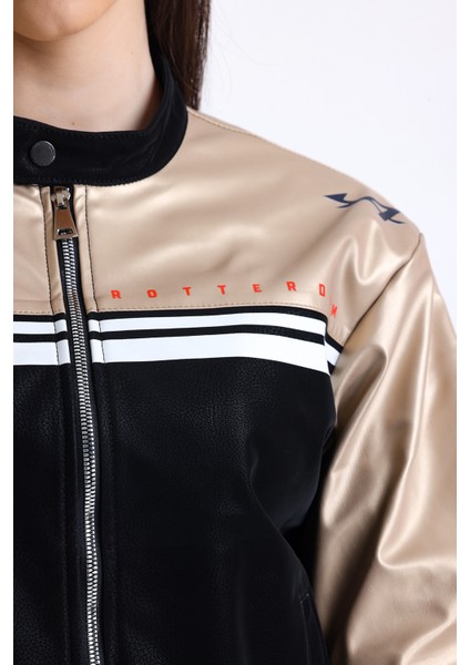 Kadın Şeritli Baskılı Fermuarlı Deri Mont Yarışçı Kolej Mont Yaka Çıtçıtlı Motorcu Montu Bomber indirimleri