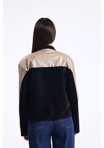 Kadın Şeritli Baskılı Fermuarlı Deri Mont Yarışçı Kolej Mont Yaka Çıtçıtlı Motorcu Montu Bomber