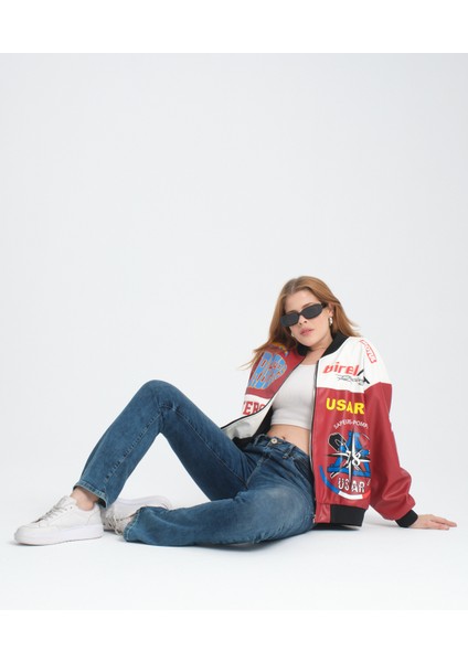 Kadın Oversize Baskılı Deri Motorcu Montu Fermuarlı Yarışçı Ceket Astarlı Bomber Kolej Mont fırsatları