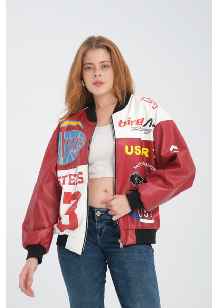 Kadın Oversize Baskılı Deri Motorcu Montu Fermuarlı Yarışçı Ceket Astarlı Bomber Kolej Mont indirimleri