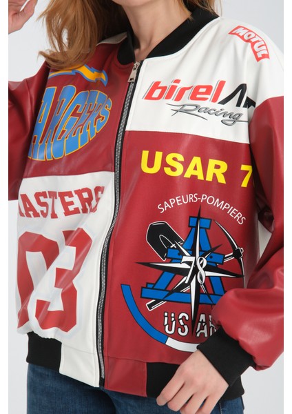 Kadın Oversize Baskılı Deri Motorcu Montu Fermuarlı Yarışçı Ceket Astarlı Bomber Kolej Mont