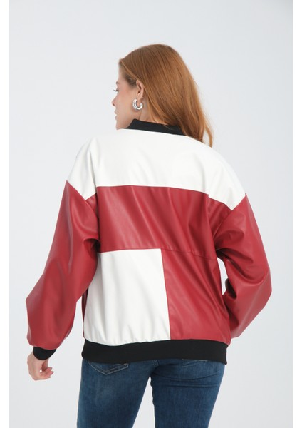 Kadın Oversize Baskılı Deri Motorcu Montu Fermuarlı Yarışçı Ceket Astarlı Bomber Kolej Mont