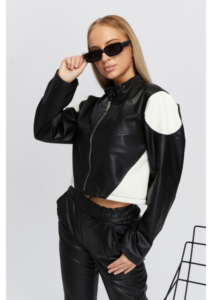 Kadın Oversize Fermuarlı Yaka Çıt Çıtlı Omuz ve Etek Beyaz Desenli Kolej Yarışçı Ceket Motorcu Mont