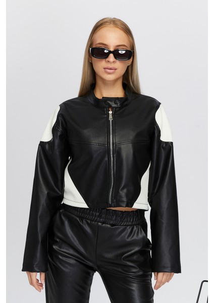 Kadın Oversize Fermuarlı Yaka Çıt Çıtlı Omuz ve Etek Beyaz Desenli Kolej Yarışçı Ceket Motorcu Mont fiyatları