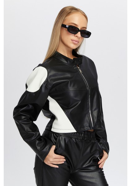 Kadın Oversize Fermuarlı Yaka Çıt Çıtlı Omuz ve Etek Beyaz Desenli Kolej Yarışçı Ceket Motorcu Mont fırsatları