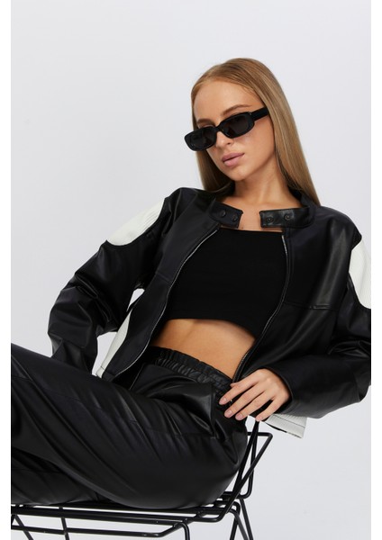 Kadın Oversize Fermuarlı Yaka Çıt Çıtlı Omuz ve Etek Beyaz Desenli Kolej Yarışçı Ceket Motorcu Mont indirimleri