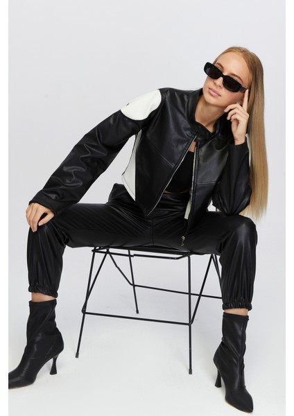 Kadın Oversize Fermuarlı Yaka Çıt Çıtlı Omuz ve Etek Beyaz Desenli Kolej Yarışçı Ceket Motorcu Mont