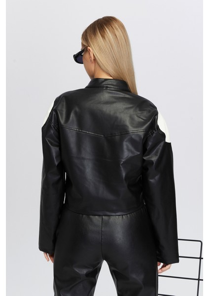 Kadın Oversize Fermuarlı Yaka Çıt Çıtlı Omuz ve Etek Beyaz Desenli Kolej Yarışçı Ceket Motorcu Mont