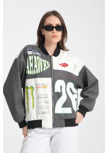 Kadın Oversize Baskılı Deri Motorcu Montu Fermuarlı Yarışçı Ceket Astarlı Bomber Kolej Mont