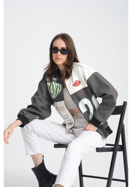 Kadın Oversize Baskılı Deri Motorcu Montu Fermuarlı Yarışçı Ceket Astarlı Bomber Kolej Mont fiyatları