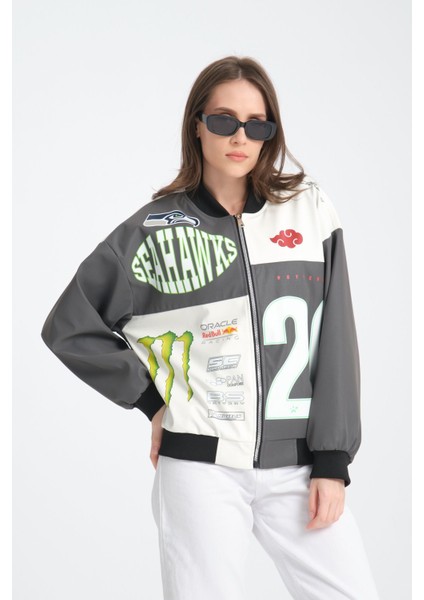 Kadın Oversize Baskılı Deri Motorcu Montu Fermuarlı Yarışçı Ceket Astarlı Bomber Kolej Mont modelleri