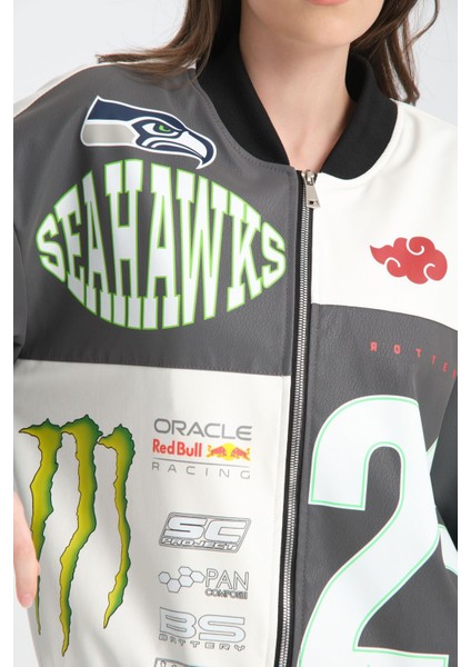 Kadın Oversize Baskılı Deri Motorcu Montu Fermuarlı Yarışçı Ceket Astarlı Bomber Kolej Mont indirimleri