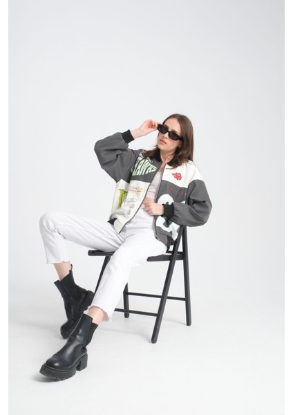 Kadın Oversize Baskılı Deri Motorcu Montu Fermuarlı Yarışçı Ceket Astarlı Bomber Kolej Mont